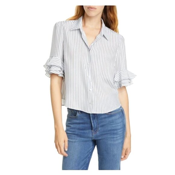 FRAME Ruffle Sleeve Striped Silk Button Down Top White Blue Multi Womens Size XS - Picture 1 of 6